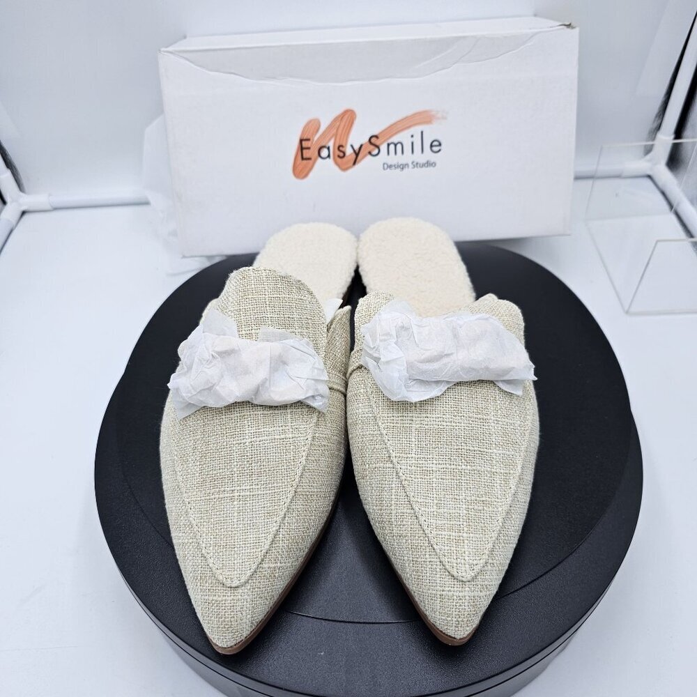 Beige Pointed-Toe Flat Mules with Metal Chain, Sherpa-Lined Backless Loafers Siz - Picture 8 of 9